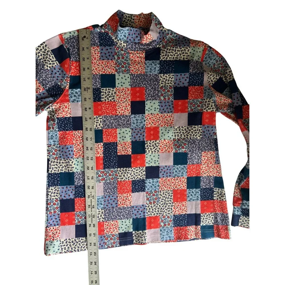 Lands End Womens Patchwork Print Mock Neck 100% Cotton Top Size Small